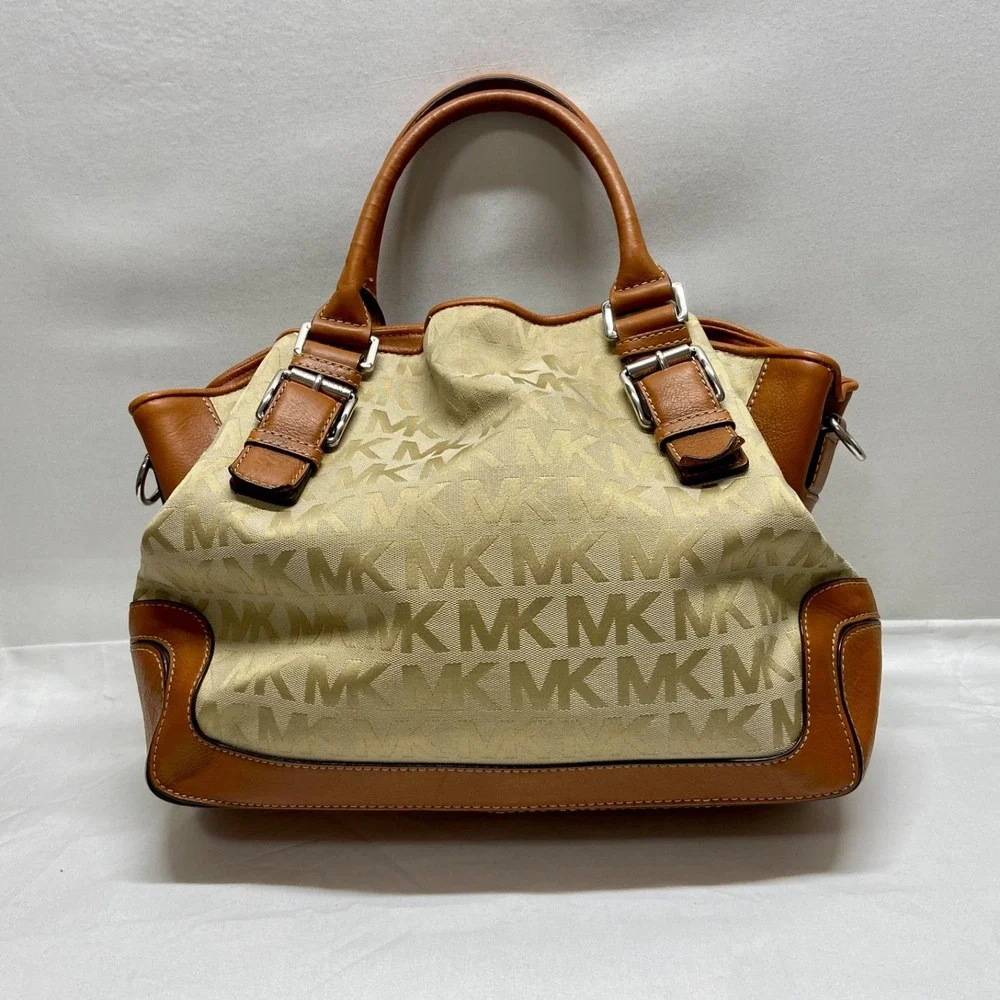 Michael Kors Brookville Large Tote Bag MK Saddle Khaki Canvas Brown Leather EUC